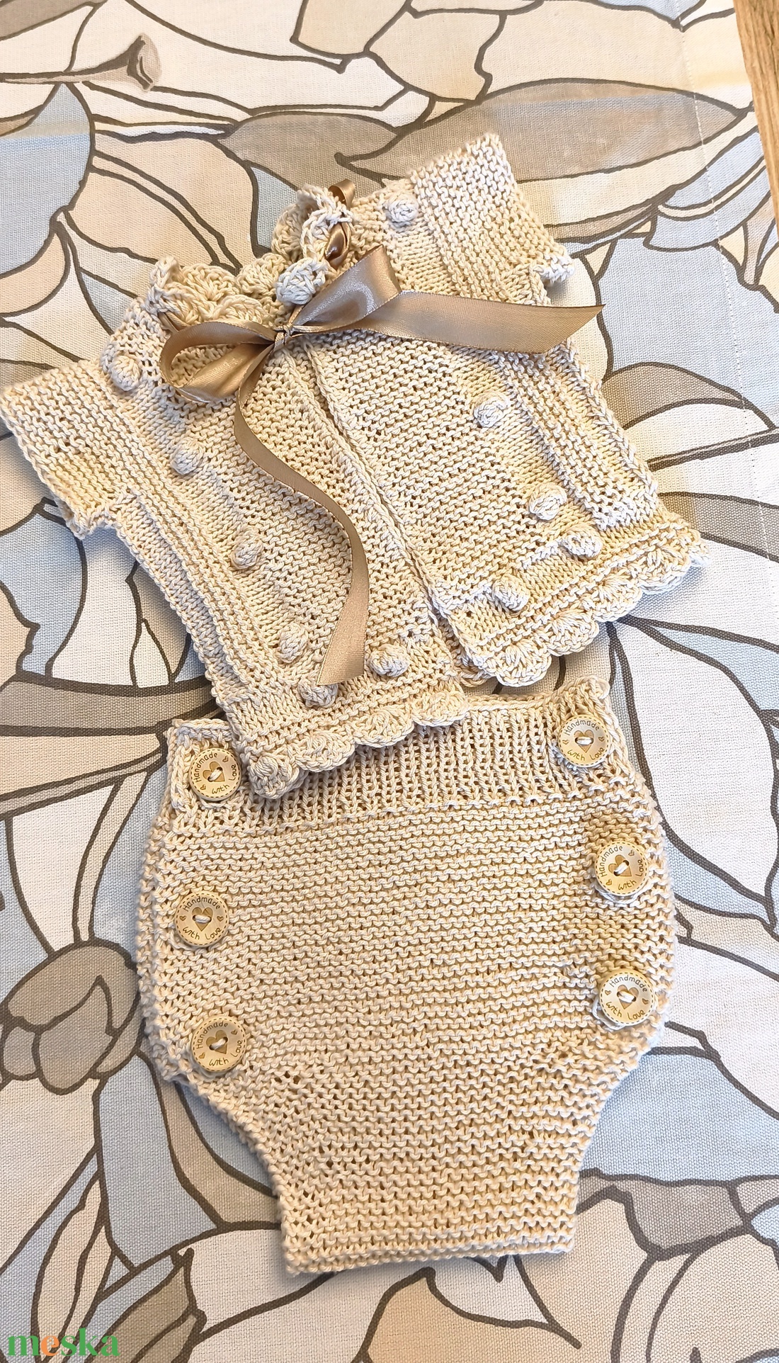 Kötött baba szett pamut fonalból  - baba - mama - babaruházat - babaruha szett - Meska.hu