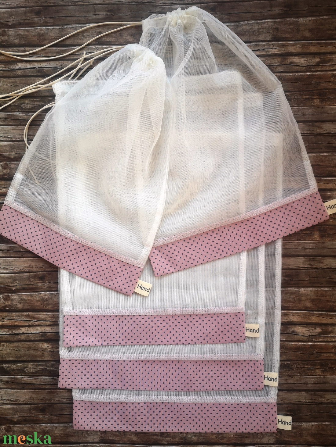 Mályva - szürke pöttyös tüll öko tasak szett 5 darabos Zero Waste - táska & tok - bevásárlás & shopper táska - zöldség/gyümölcs zsák - Meska.hu