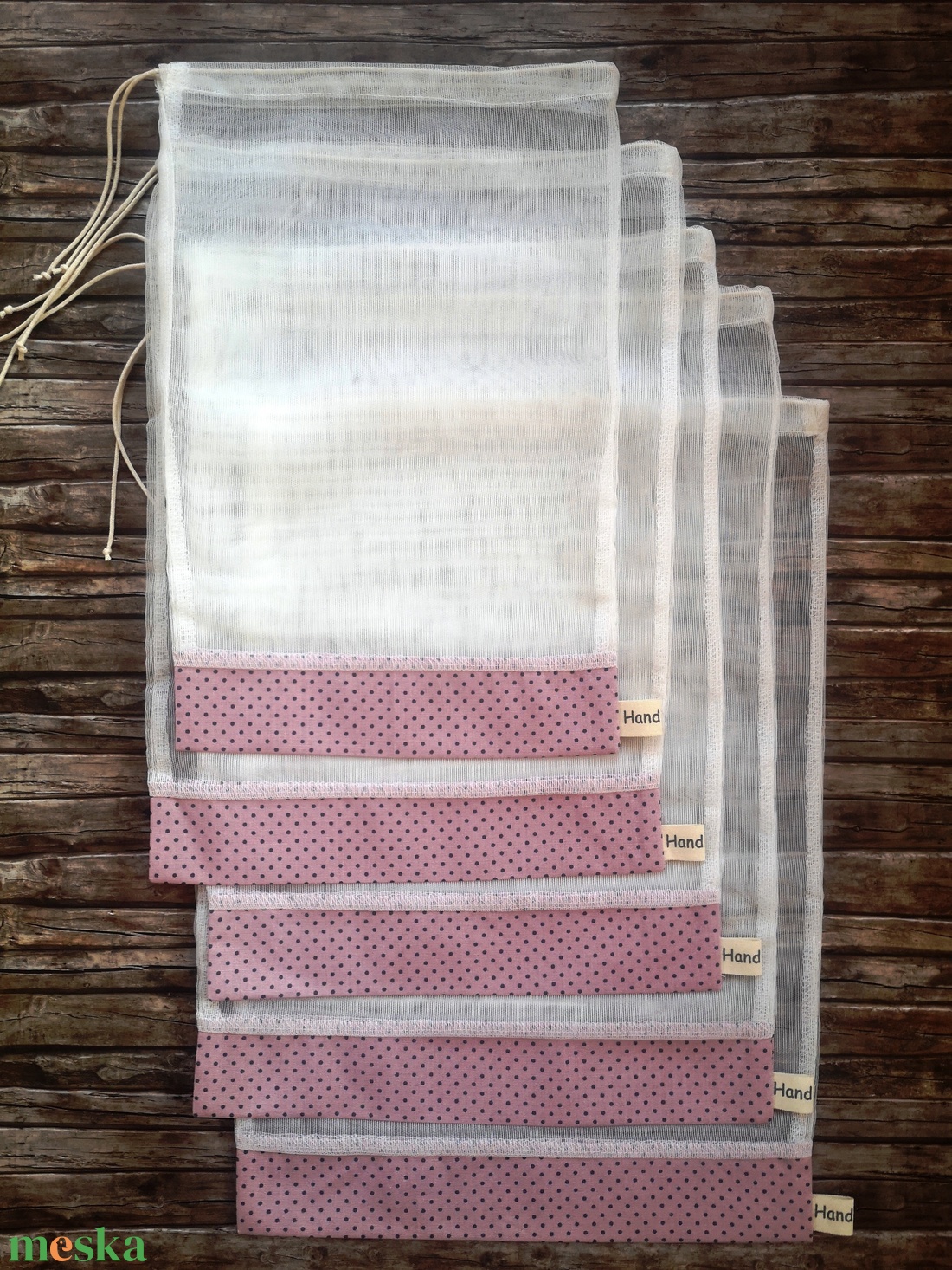 Mályva - szürke pöttyös tüll öko tasak szett 5 darabos Zero Waste - táska & tok - bevásárlás & shopper táska - zöldség/gyümölcs zsák - Meska.hu