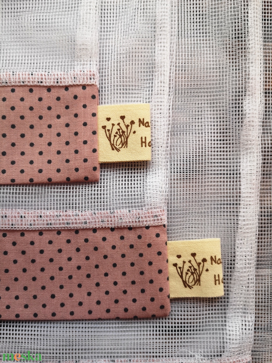 Mályva - szürke pöttyös öko tasak szett 4 darabos Zero Waste - táska & tok - bevásárlás & shopper táska - zöldség/gyümölcs zsák - Meska.hu