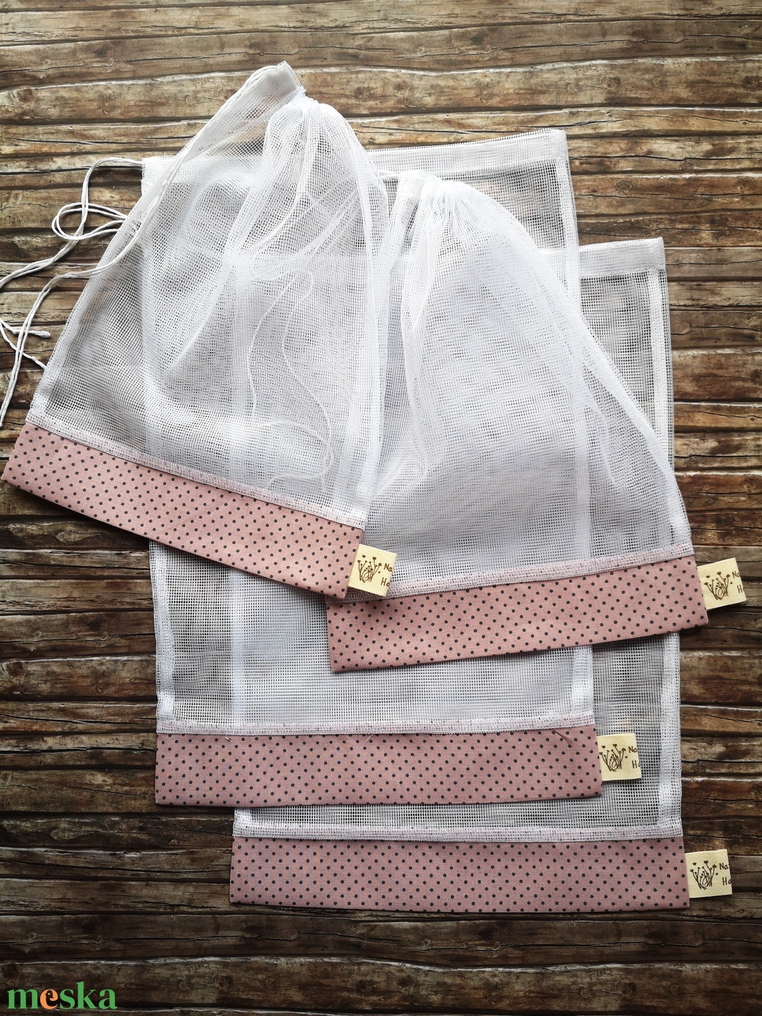 Mályva - szürke pöttyös öko tasak szett 4 darabos Zero Waste - táska & tok - bevásárlás & shopper táska - zöldség/gyümölcs zsák - Meska.hu