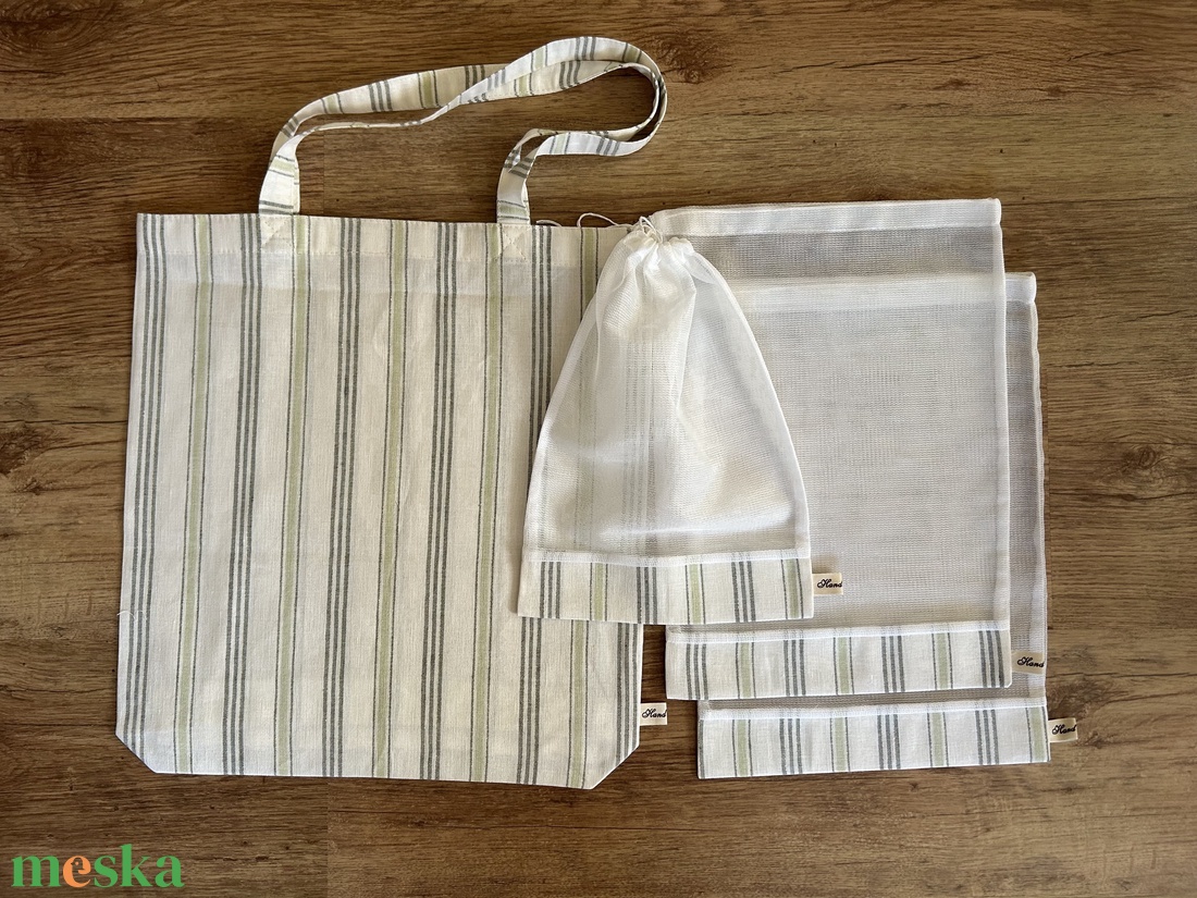 Csíkos len bevásárló szett, táska, öko tasak,  Zerowaste - táska & tok - bevásárlás & shopper táska - shopper, textiltáska, szatyor - Meska.hu