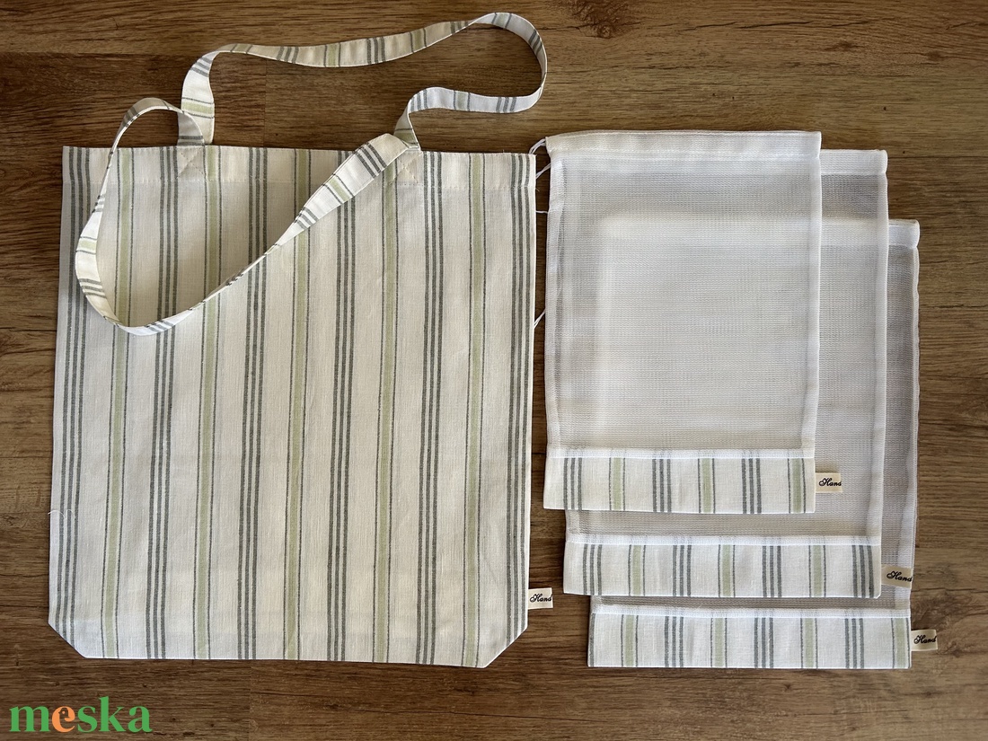 Csíkos len bevásárló szett, táska, öko tasak,  Zerowaste - táska & tok - bevásárlás & shopper táska - shopper, textiltáska, szatyor - Meska.hu