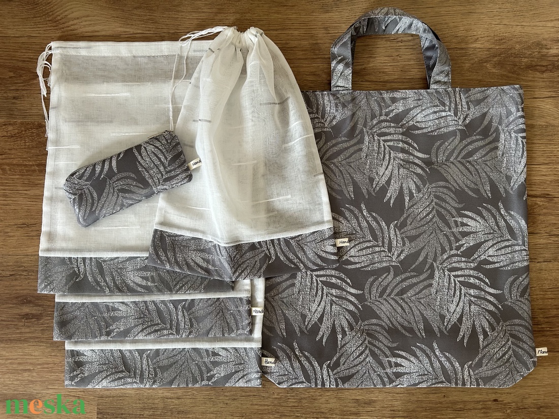 Bevásárló szett szürke/fehér szín táska, öko tasak, neszivel Zerowaste - táska & tok - bevásárlás & shopper táska - shopper, textiltáska, szatyor - Meska.hu