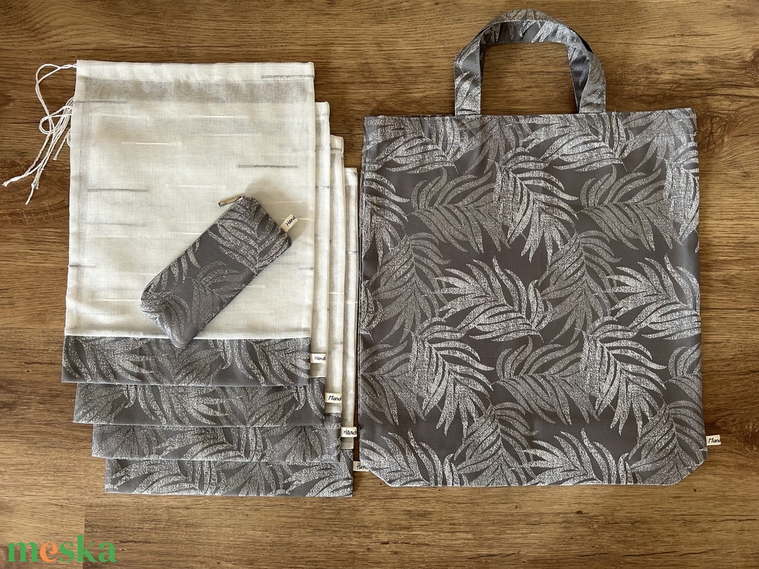 Bevásárló szett szürke/fehér szín táska, öko tasak, neszivel Zerowaste - táska & tok - bevásárlás & shopper táska - shopper, textiltáska, szatyor - Meska.hu