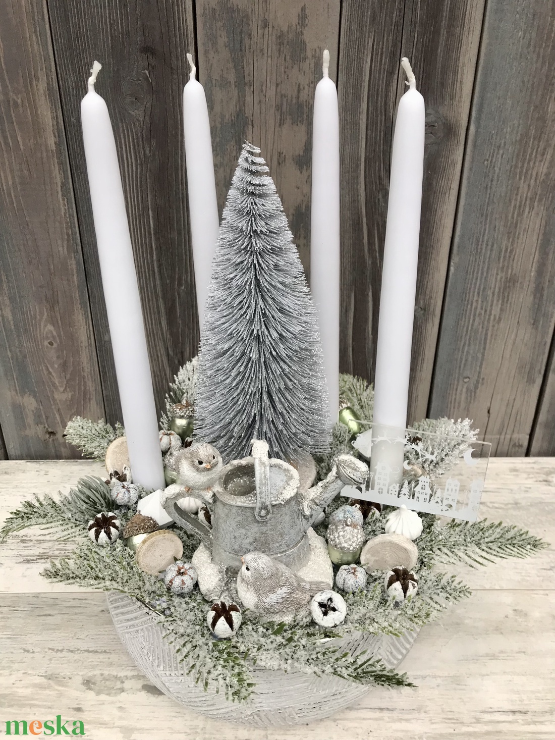 Ezüst-fehér adventi/karácsonyi madárkás asztaldísz kerámia kaspóban - otthon & életmód - dekoráció - virágdísz és tartó - virágbox, virágdoboz - Meska.hu