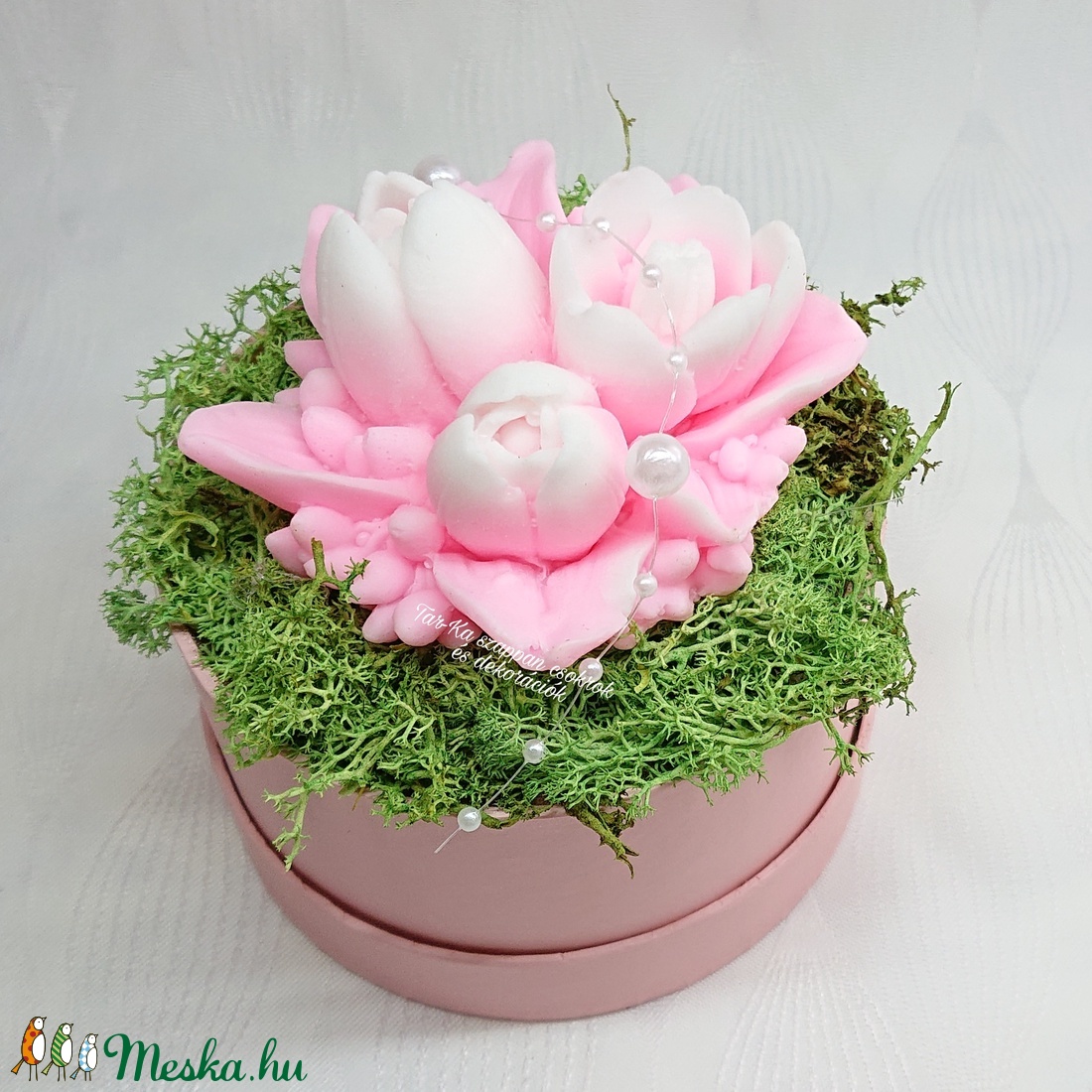 Rózsaszín - fehér és sárga - fehér tulipán szappan csokor kerek formájú boxban  - otthon & lakás - dekoráció - Meska.hu