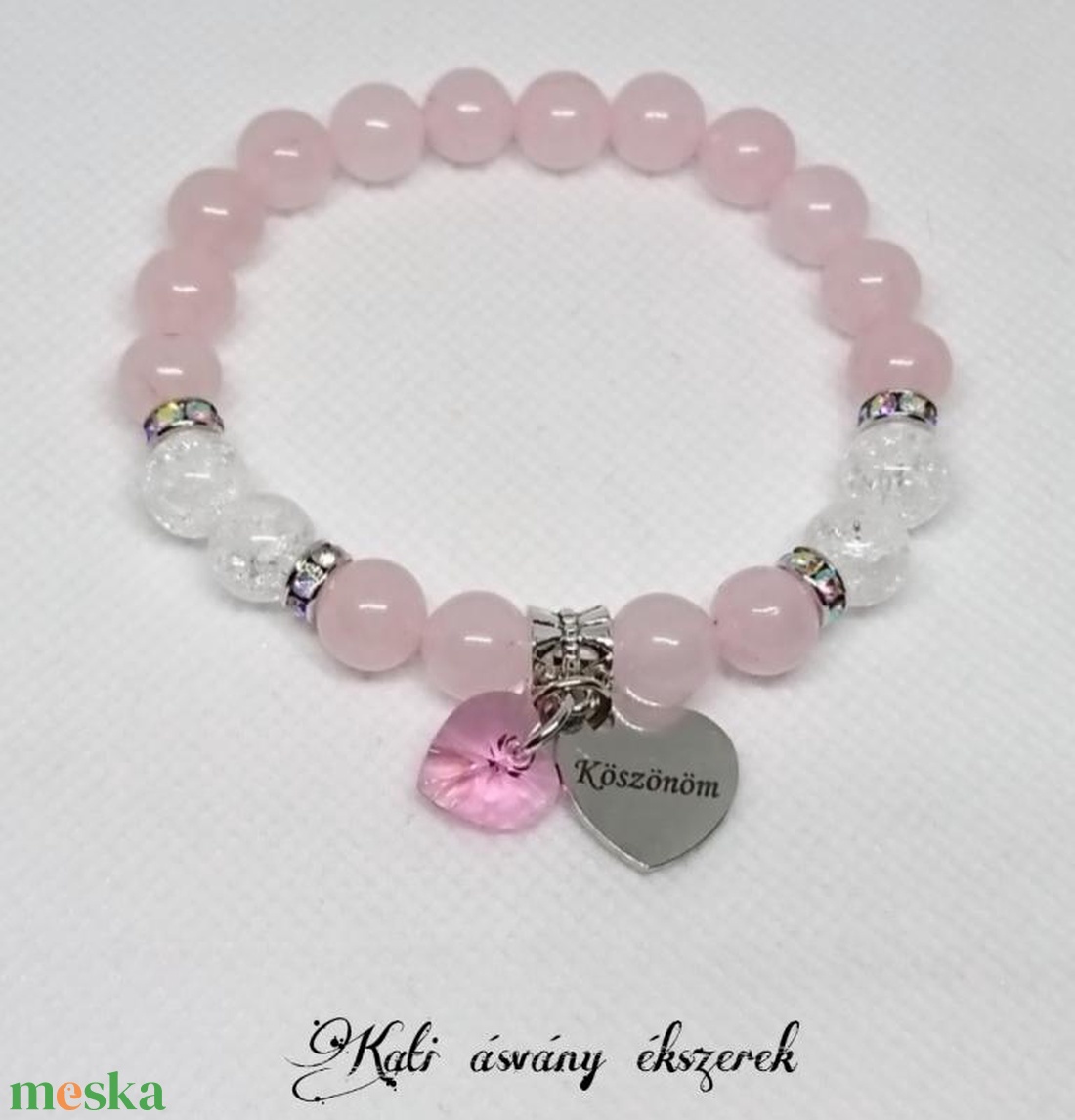 Köszönöm ásvány karkötő Swarovski szív medállal  - ékszer - karkötő - karkötő medállal - Meska.hu