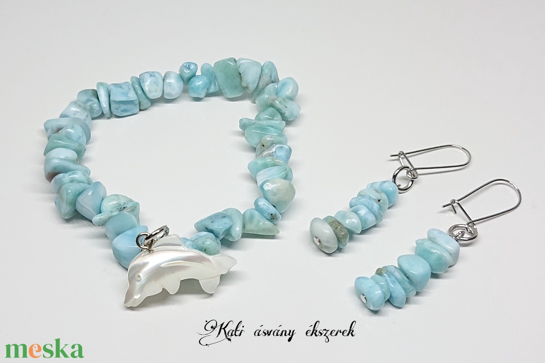 Larimar (delfinkő) ásvány karkötő és fülbevaló  - ékszer - ékszerszett - Meska.hu