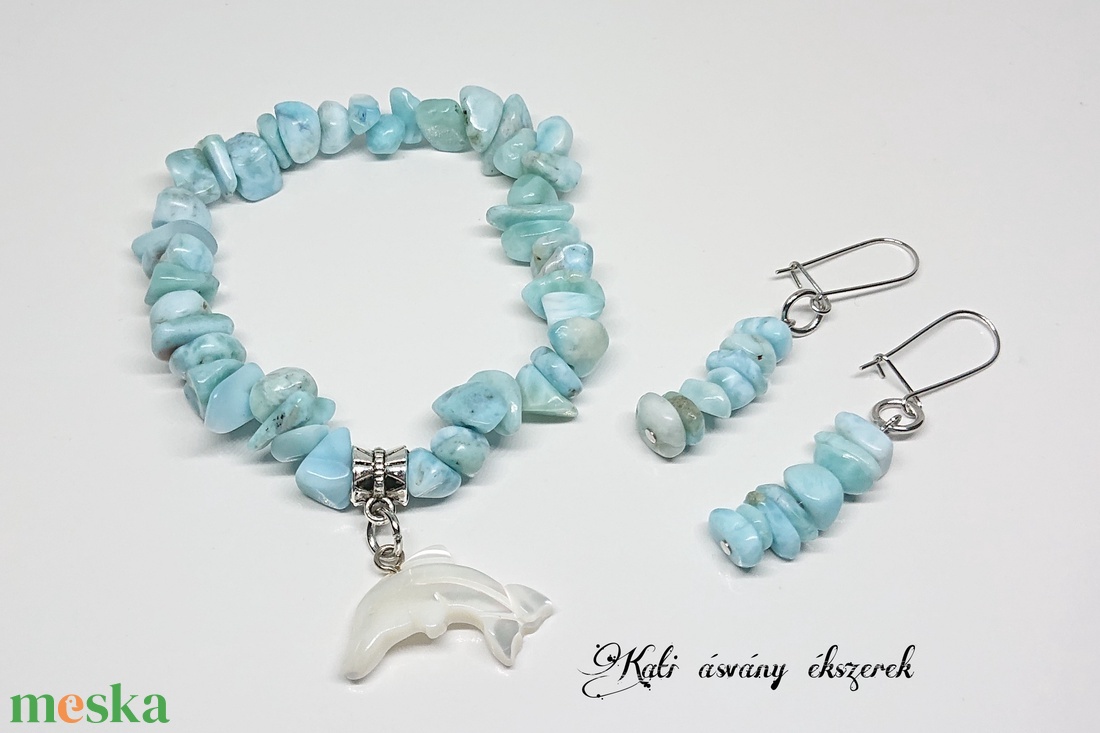 Larimar (delfinkő) ásvány karkötő és fülbevaló  - ékszer - ékszerszett - Meska.hu