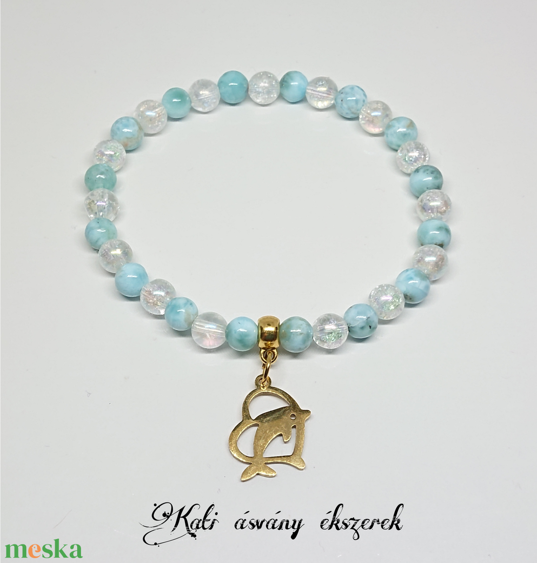 Larimar és angyal aura kvarc ásvány karkötő delfin medállal  - ékszer - karkötő - karkötő medállal - Meska.hu