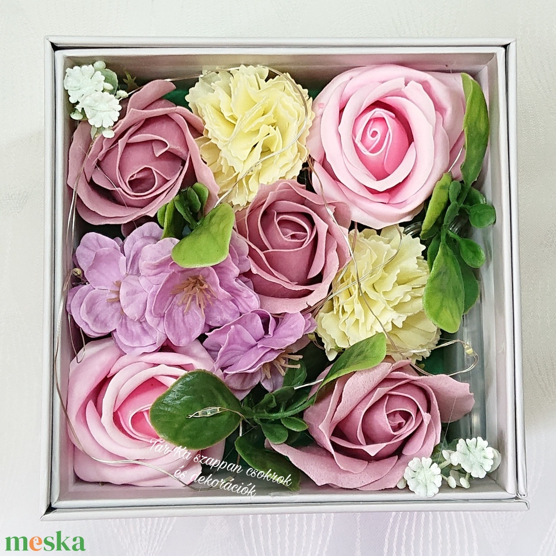 Extra csoda doboz: világító szappanvirág csokor  - otthon & életmód - dekoráció - virágdísz és tartó - virágbox, virágdoboz - Meska.hu