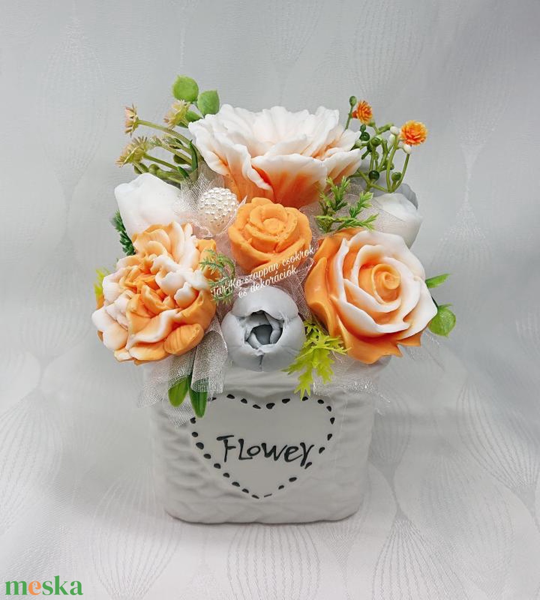 Narancssárga - szürke - fehér illatos szappanvirág csokor  - otthon & életmód - dekoráció - virágdísz és tartó - csokor & virágdísz - Meska.hu