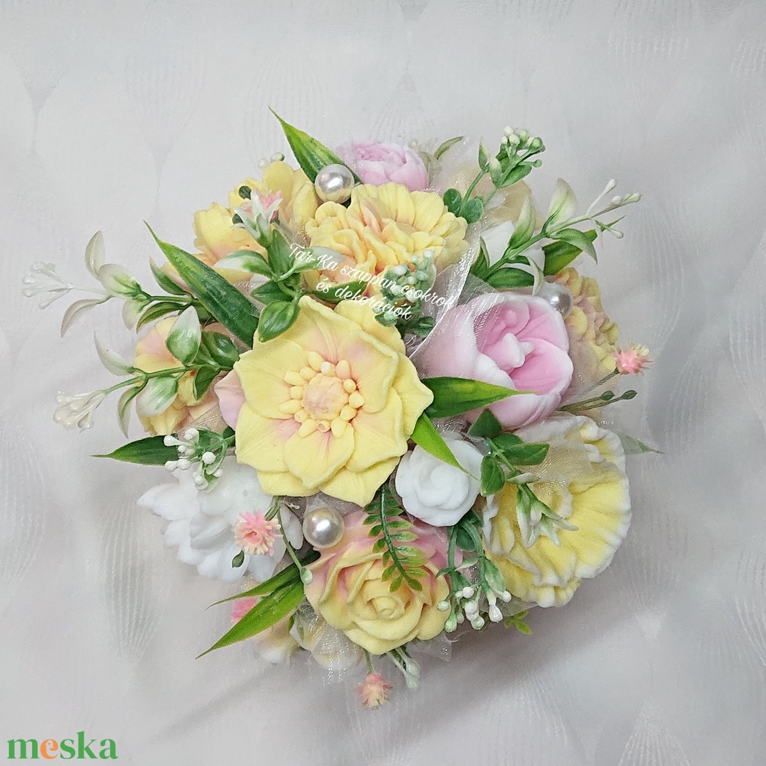 Különleges sárga - rózsaszín illatos szappanvirág csokor  - otthon & életmód - virágdekoráció - virágdíszek - asztali virágdísz - Meska.hu