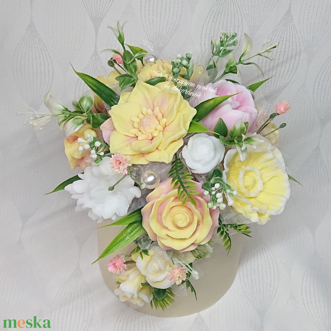 Különleges sárga - rózsaszín illatos szappanvirág csokor  - otthon & életmód - virágdekoráció - virágdíszek - asztali virágdísz - Meska.hu