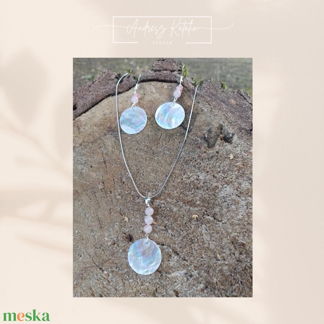 Kagylós ékszerszett rózsakvarccal (fülbevaló+nyaklánc) - ékszer - ékszerszett - Meska.hu