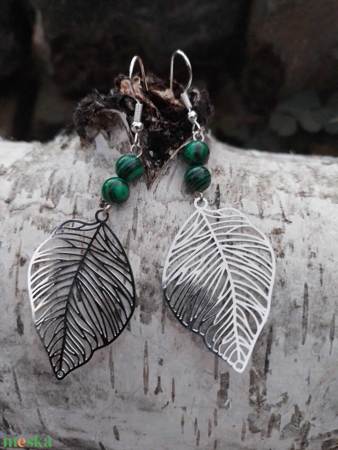 Ezüst levél malachittal - ékszer - fülbevaló - lógó fülbevaló - Meska.hu