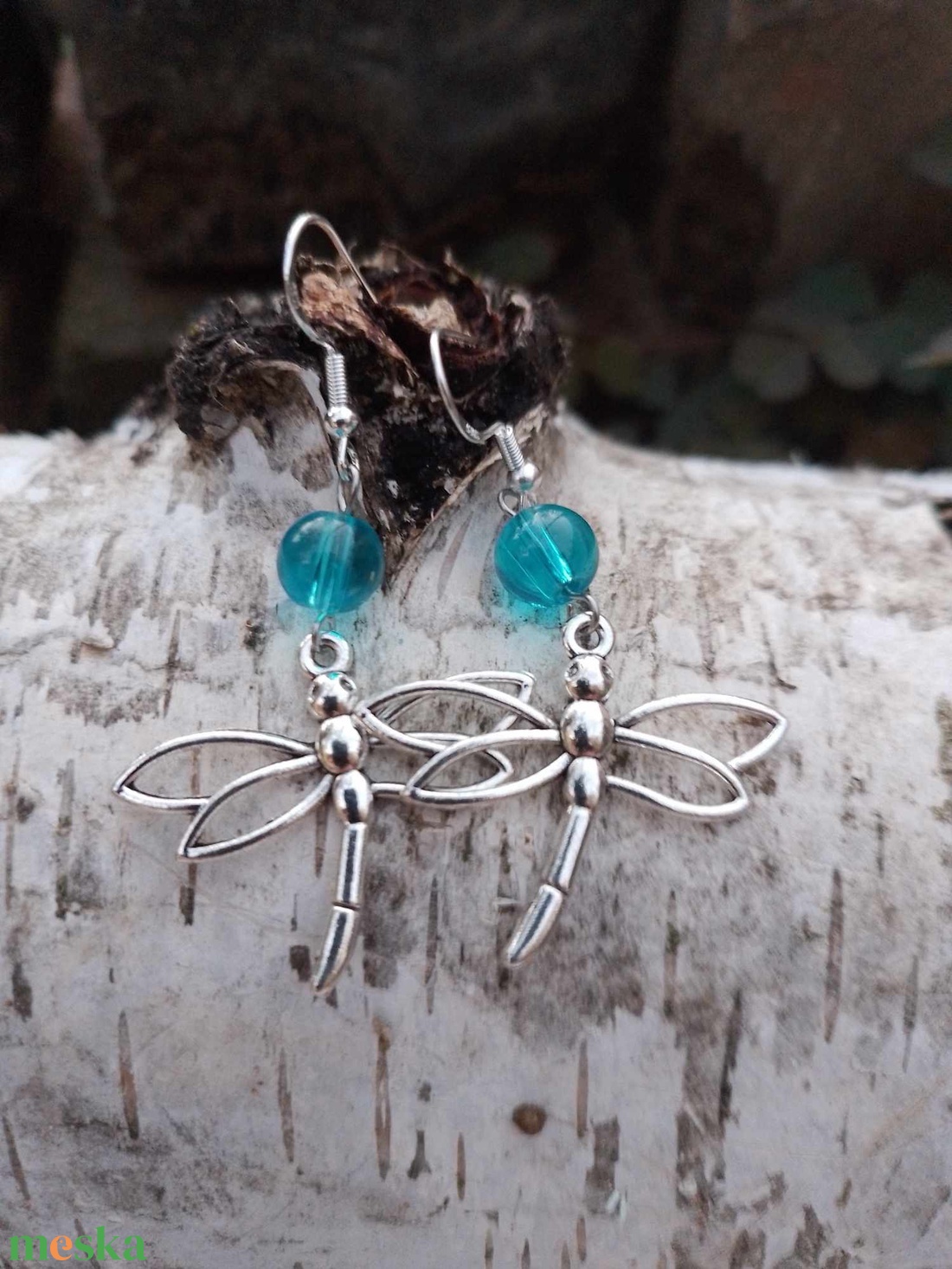 Szitakötő fülbevaló kék acháttal - ékszer - fülbevaló - lógó fülbevaló - Meska.hu