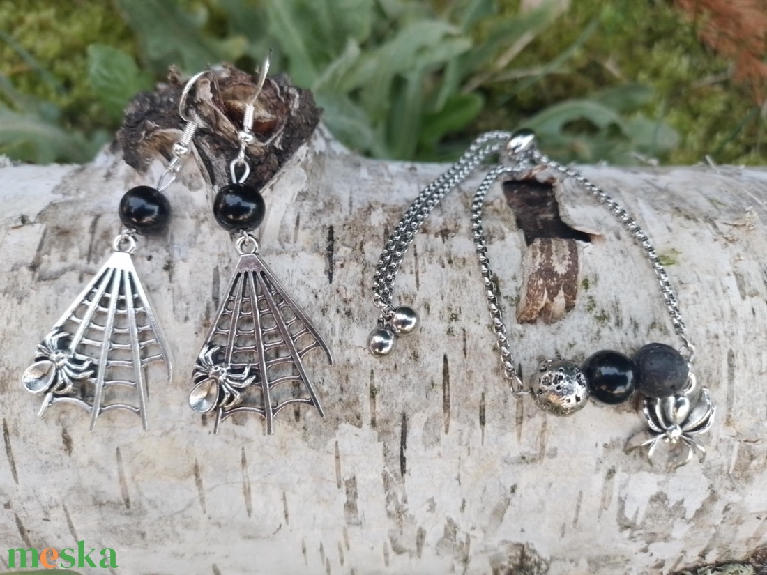 Pókhálós szett fekete achát ásvánnyal - ékszer - ékszerszett - Meska.hu