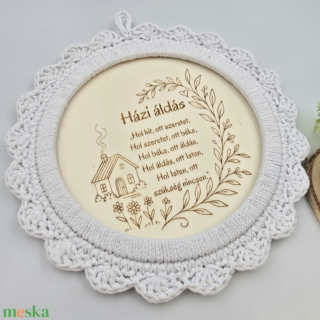 Gravírozott házi áldás horgolt szegéllyel- 21 cm - otthon & életmód - vallás - házi áldás - Meska.hu
