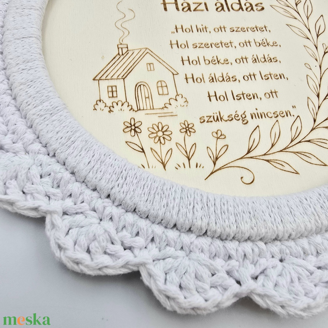Gravírozott házi áldás horgolt szegéllyel- 21 cm - otthon & életmód - vallás - házi áldás - Meska.hu
