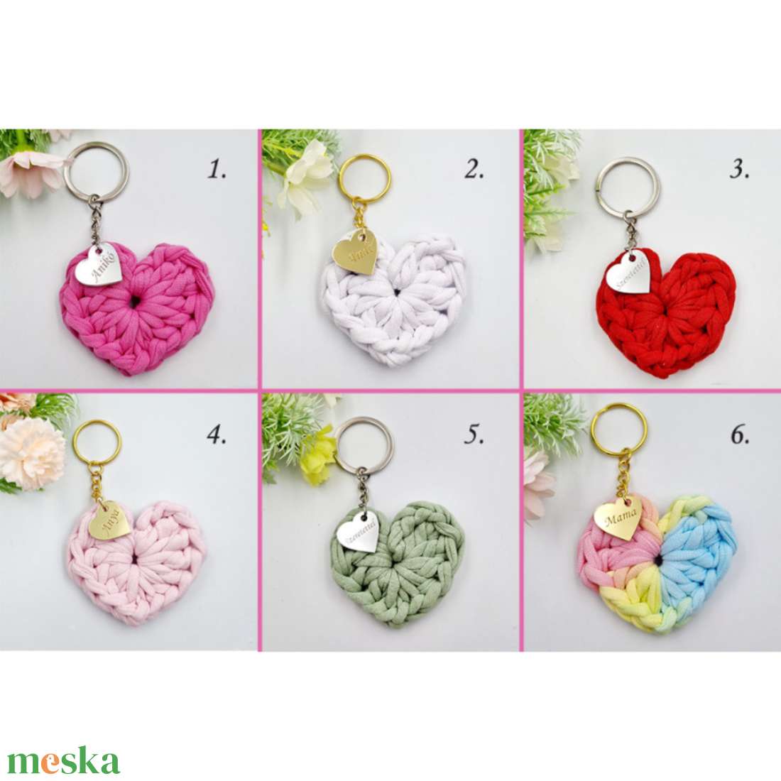 Horgolt szív kulcstartó gravírozott medállal, egyedi ajándékkártyán - Ajándék tanító néninek, óvó néninek (05) - táska & tok - kulcstartó & táskadísz - kulcstartó - Meska.hu