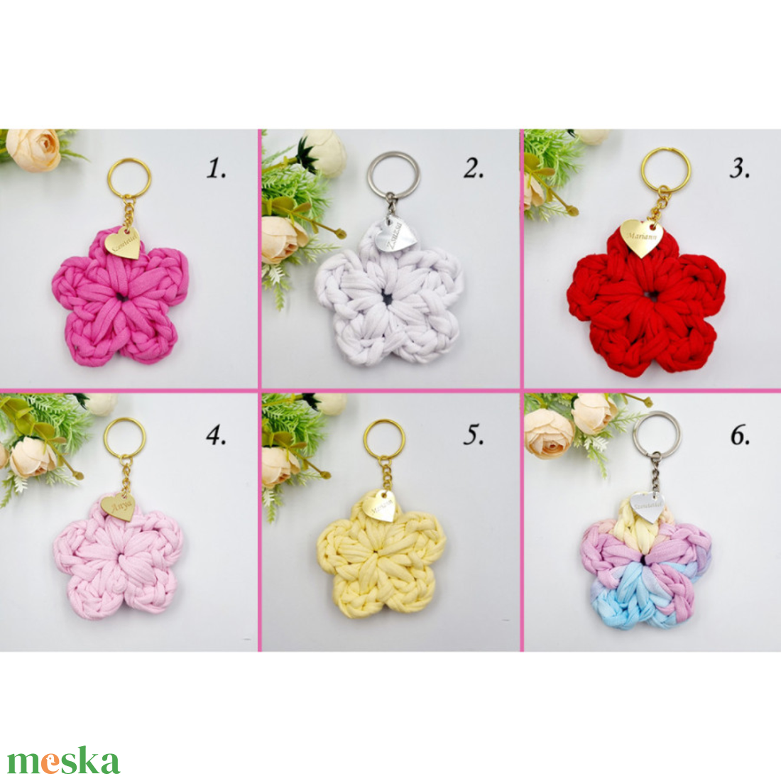 Horgolt virág kulcstartó gravírozott medállal, egyedi ajándékkártyán - Ajándék tanító néninek, óvó néninek (04) - táska & tok - kulcstartó & táskadísz - kulcstartó - Meska.hu
