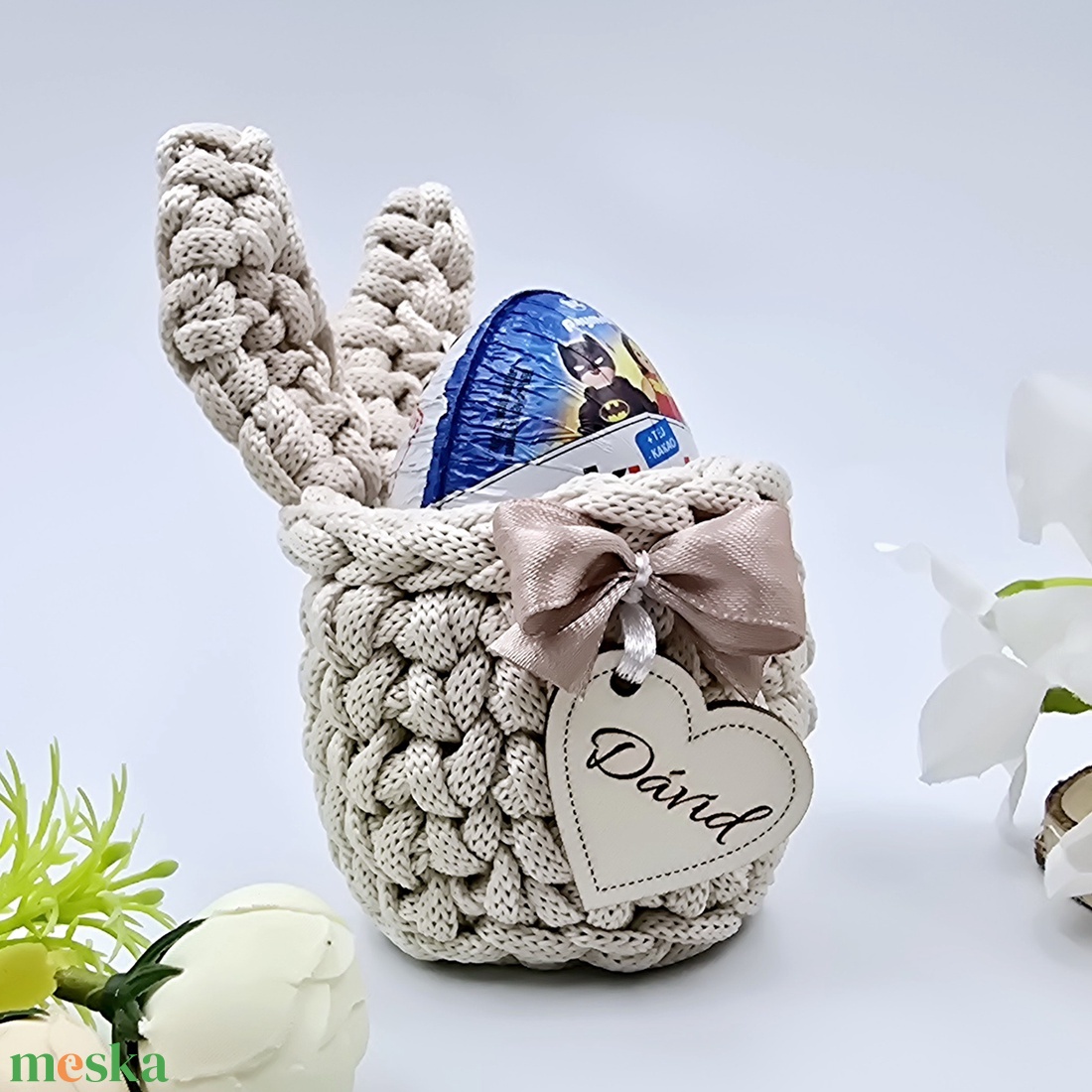 Nyuszis tojástároló kosárka egyedi felirattal - ünnepi díszek, dekorációk - húsvéti díszek és dekorációk - húsvéti tojástartó - Meska.hu