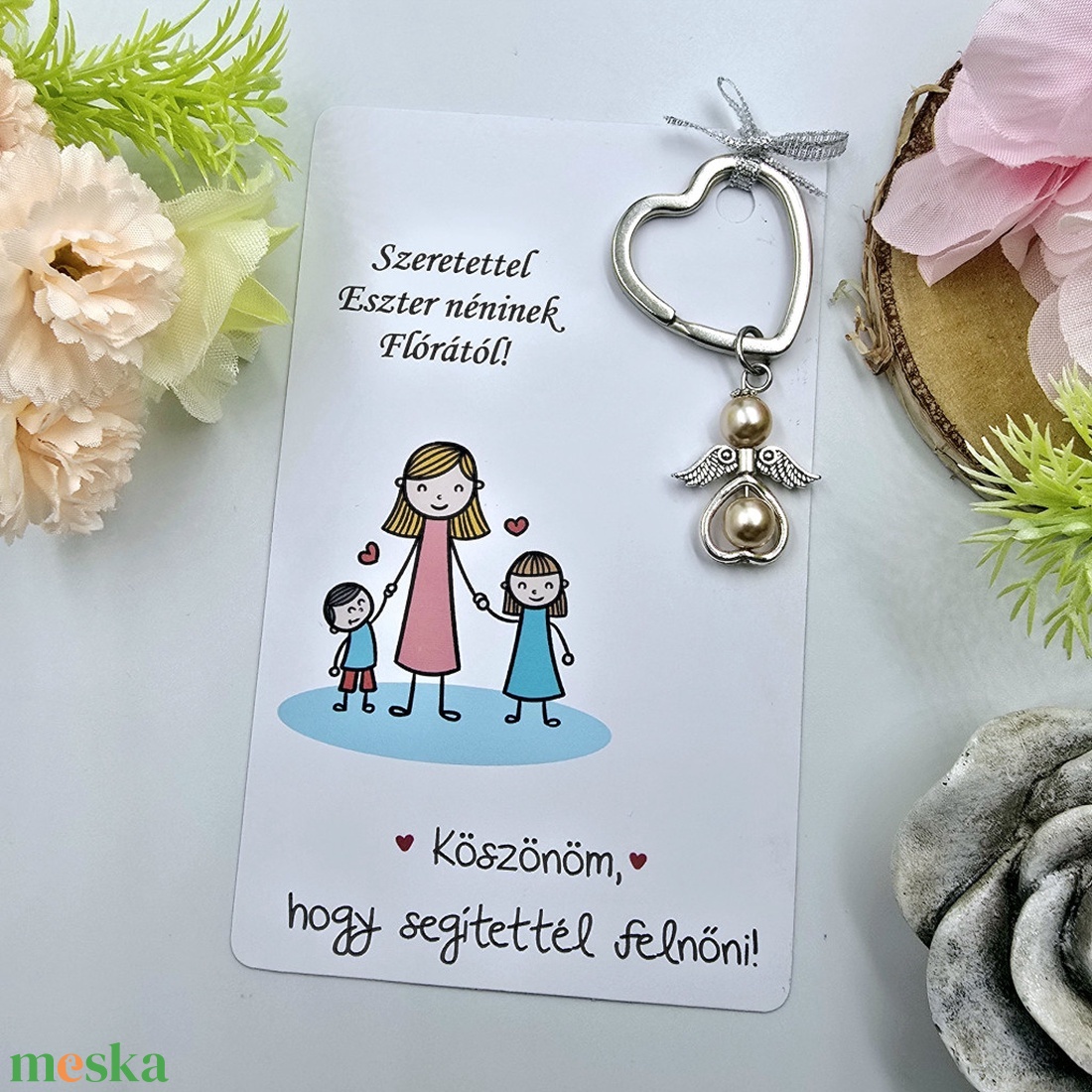 Óvó néniknek ajándék - Angyalkás kulcstartó ajándékkártyán - táska & tok - kulcstartó & táskadísz - kulcstartó - Meska.hu