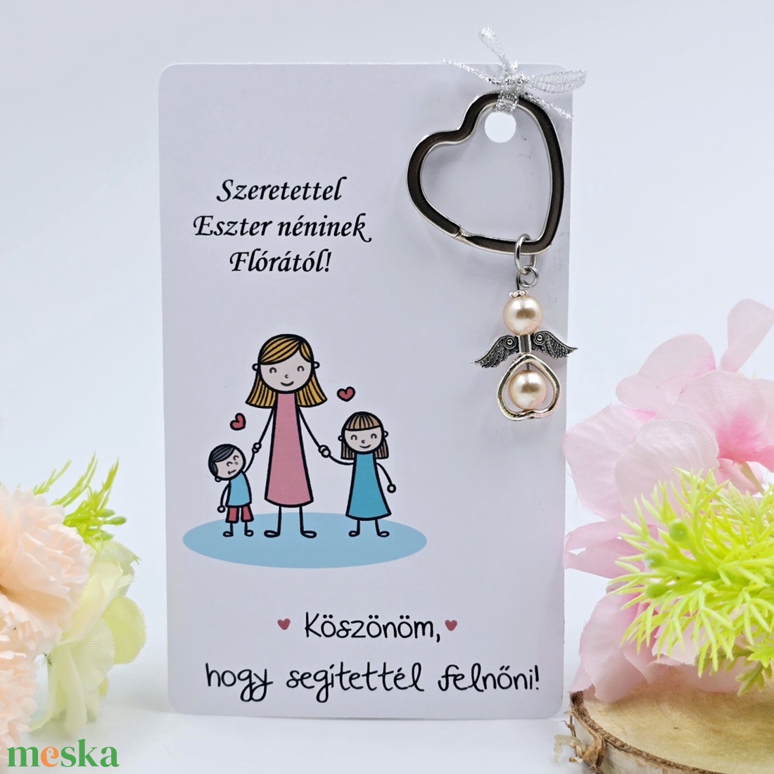 Óvó néniknek ajándék - Angyalkás kulcstartó ajándékkártyán - táska & tok - kulcstartó & táskadísz - kulcstartó - Meska.hu