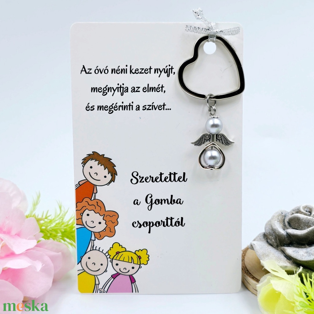Óvó néniknek ajándék - Angyalkás kulcstartó ajándékkártyán - táska & tok - kulcstartó & táskadísz - kulcstartó - Meska.hu