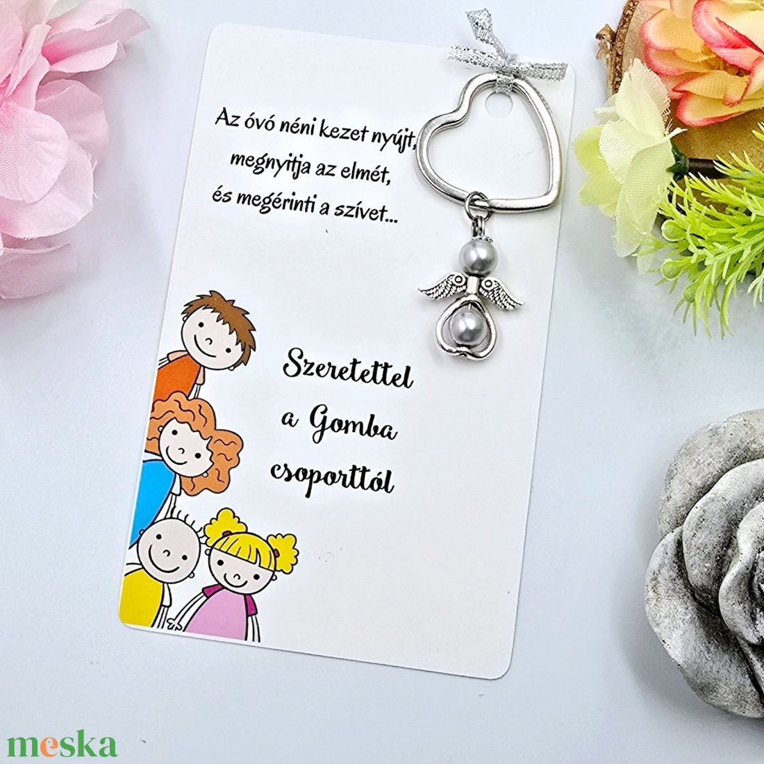 Óvó néniknek ajándék - Angyalkás kulcstartó ajándékkártyán - táska & tok - kulcstartó & táskadísz - kulcstartó - Meska.hu