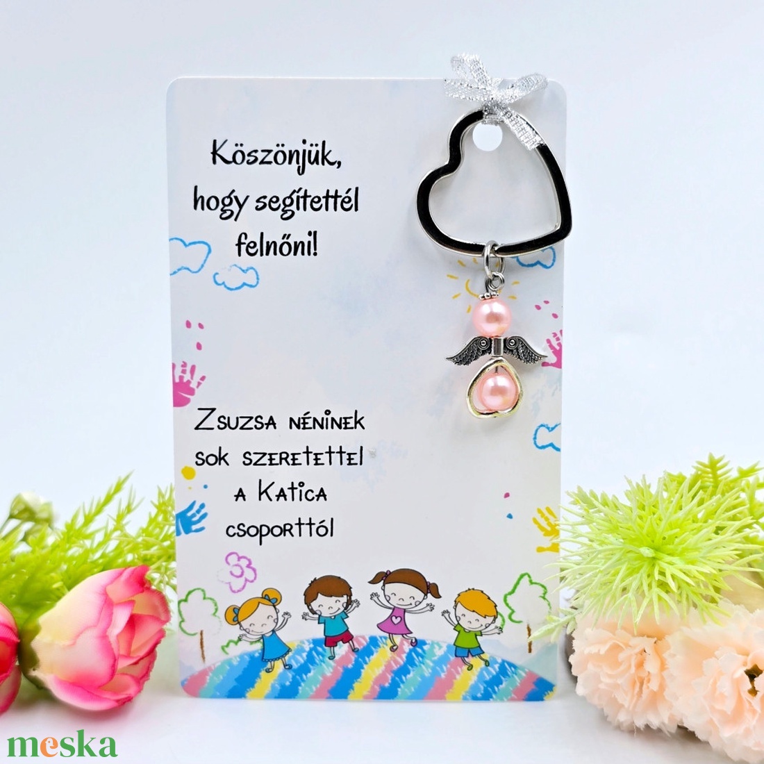 Óvó néniknek ajándék - Angyalkás kulcstartó ajándékkártyán - táska & tok - kulcstartó & táskadísz - kulcstartó - Meska.hu