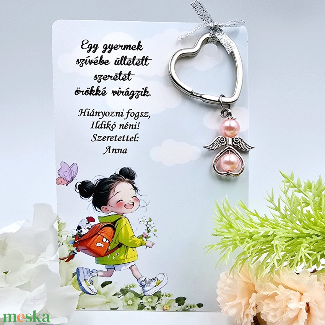 Óvó néniknek ajándék - Angyalkás kulcstartó ajándékkártyán - táska & tok - kulcstartó & táskadísz - kulcstartó - Meska.hu