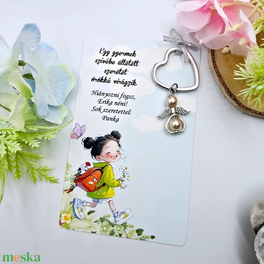 Óvó néniknek ajándék - Angyalkás kulcstartó ajándékkártyán - táska & tok - kulcstartó & táskadísz - kulcstartó - Meska.hu
