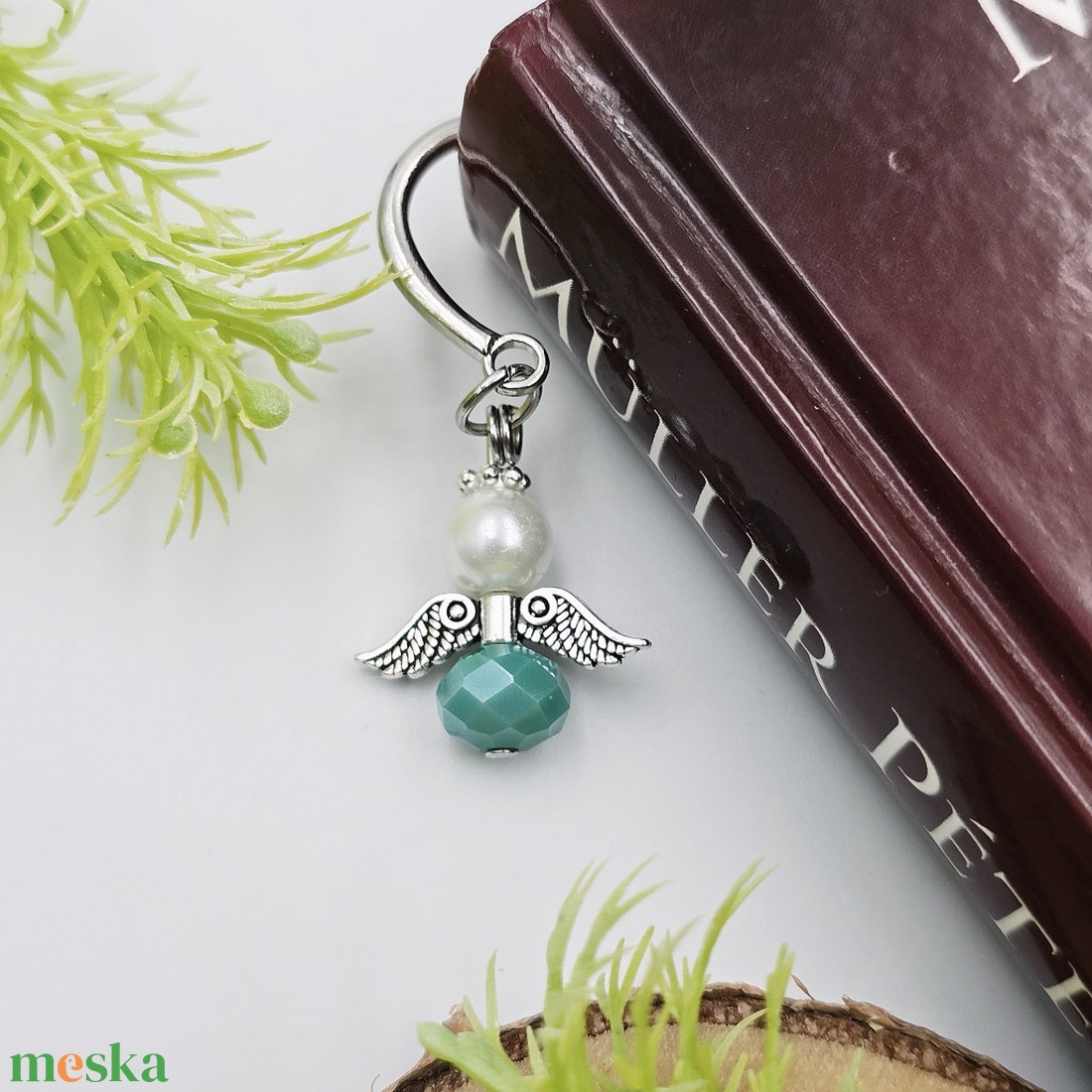 Zöldeskék-fehér angyalkás könyvjelző - könyv & zene - könyvjelző - Meska.hu