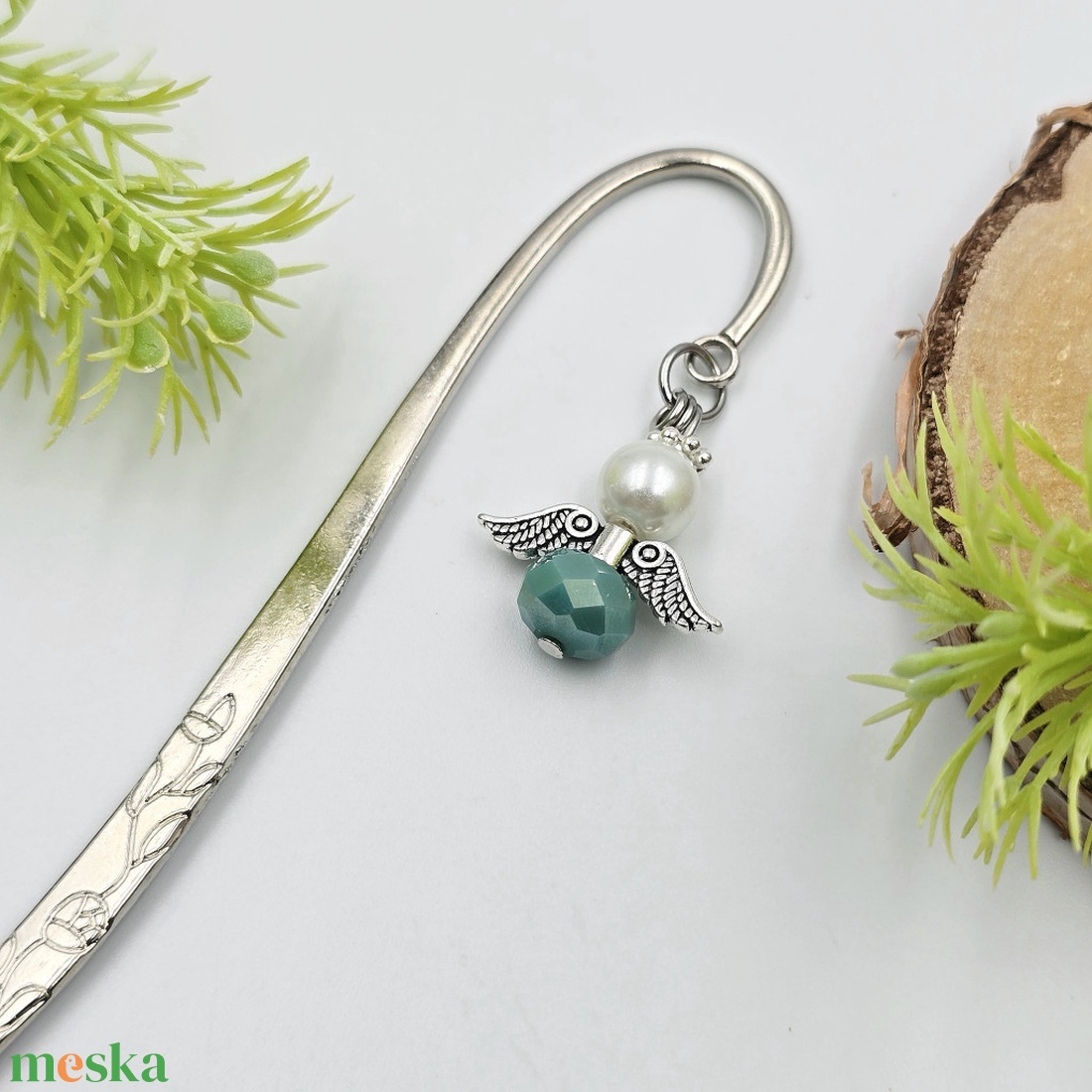 Zöldeskék-fehér angyalkás könyvjelző - könyv & zene - könyvjelző - Meska.hu