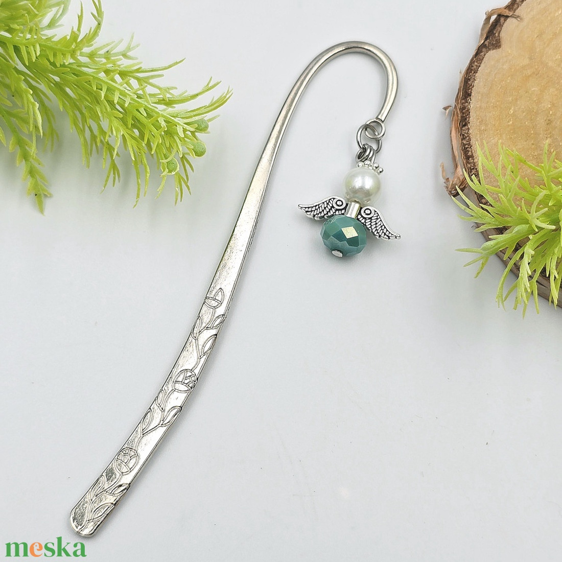 Zöldeskék-fehér angyalkás könyvjelző - könyv & zene - könyvjelző - Meska.hu