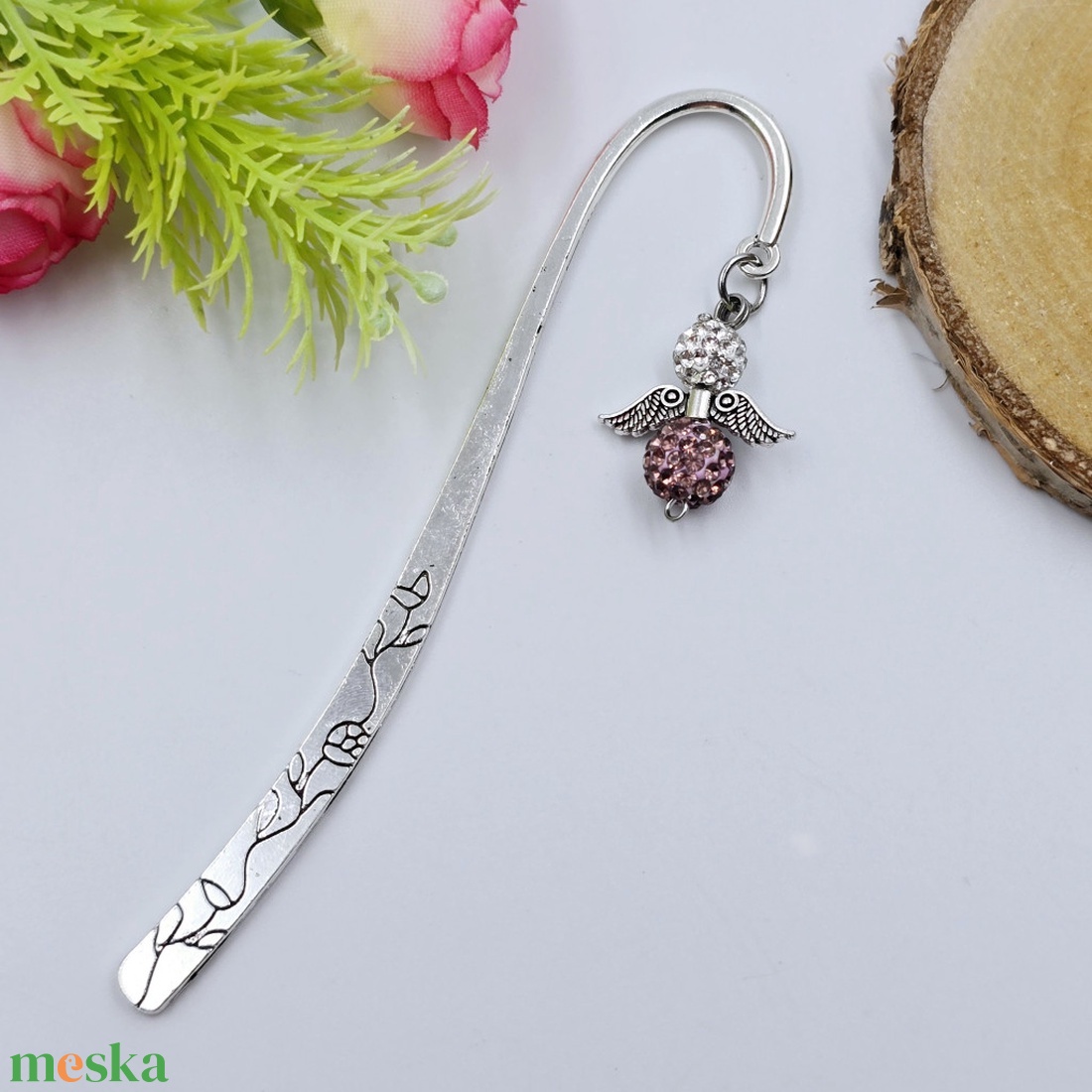 Mályva-ezüstös shamballagyöngy angyalkás könyvjelző - könyv & zene - könyvjelző - Meska.hu