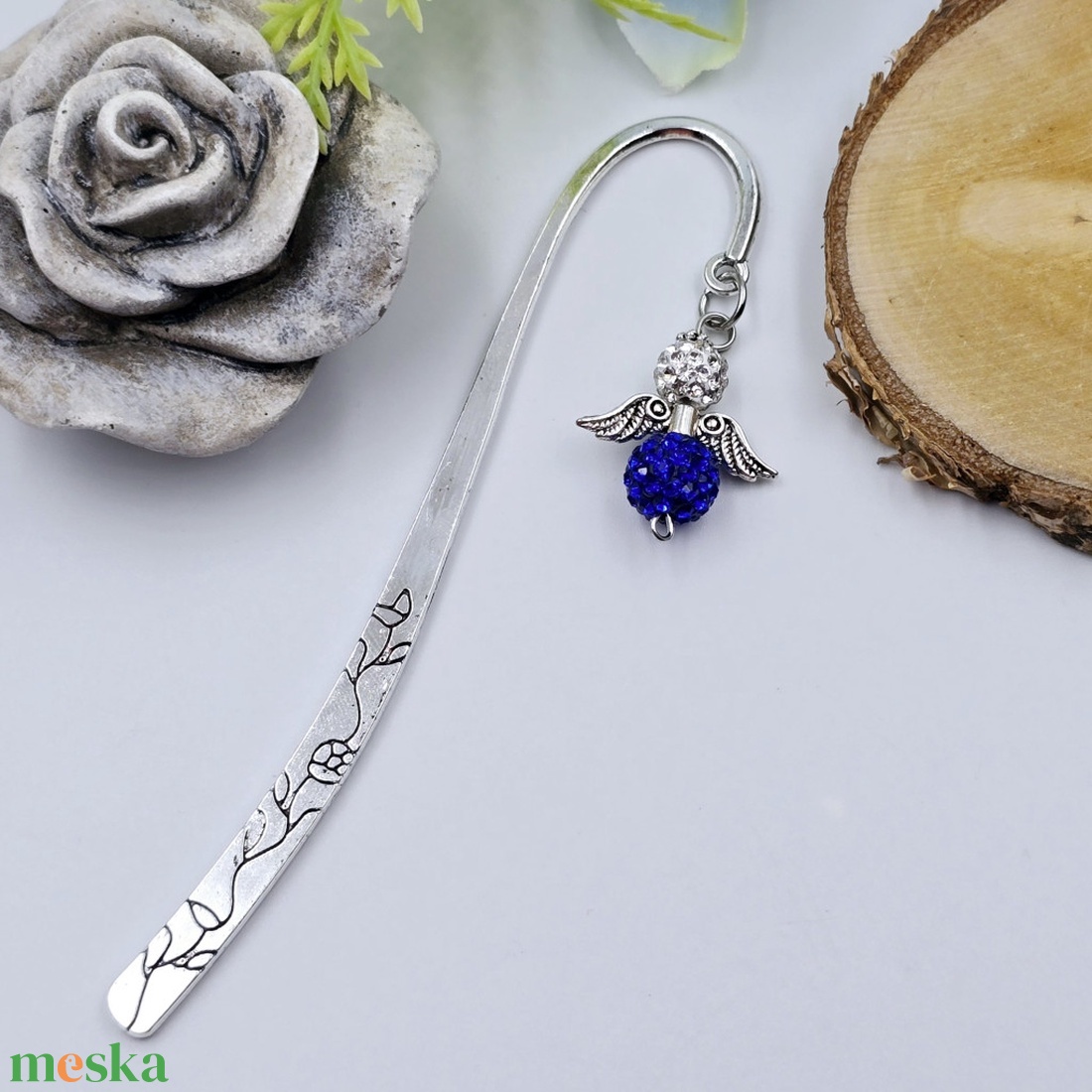 Királykék-ezüstös shamballagyöngy angyalkás könyvjelző - könyv & zene - könyvjelző - Meska.hu