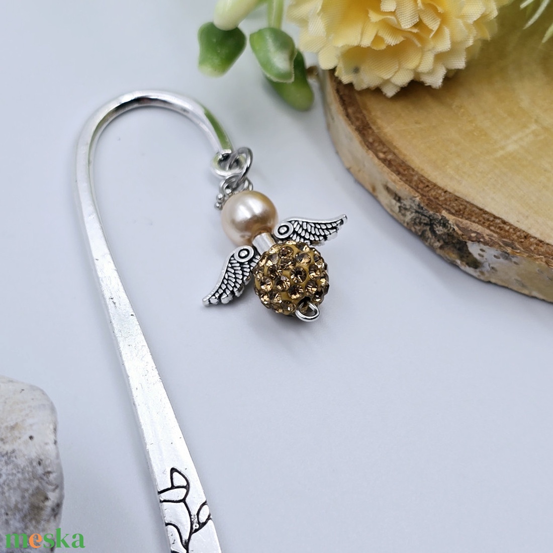 Bronzszínű shamballagyöngy angyalkás könyvjelző - könyv & zene - könyvjelző - Meska.hu