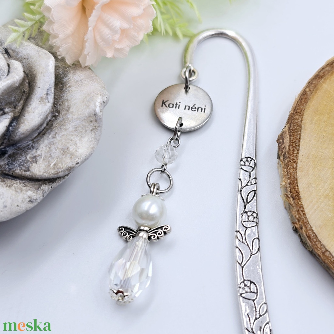 Fehér angyalkás, egyedi névvel gravírozott könyvjelző - könyv & zene - könyvjelző - Meska.hu