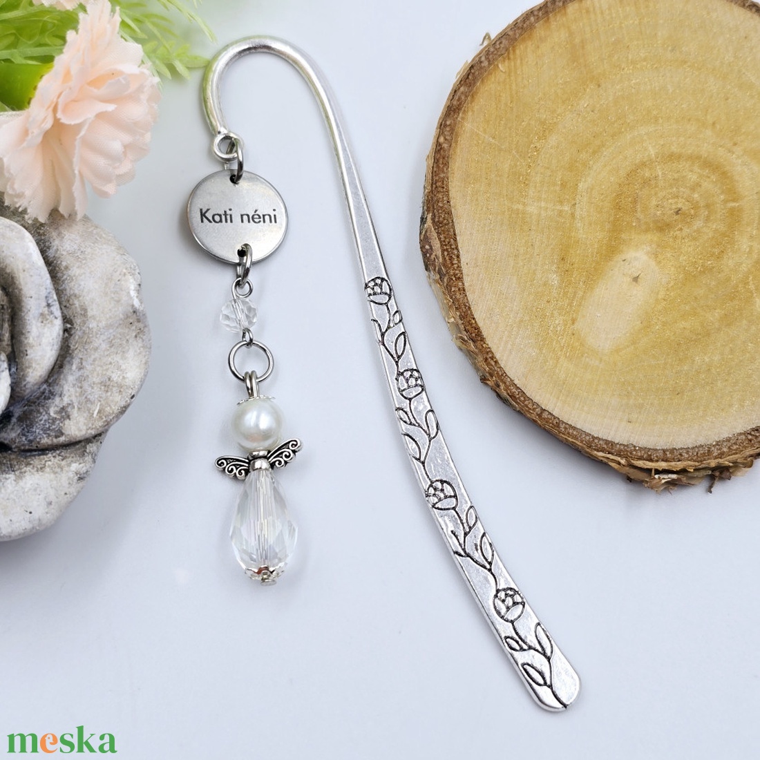 Fehér angyalkás, egyedi névvel gravírozott könyvjelző - könyv & zene - könyvjelző - Meska.hu