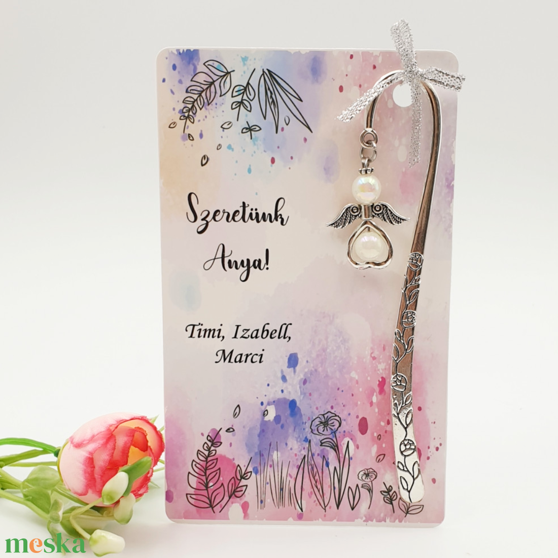 Anyák napi ajándék - Angyalkás könyvjelző ajándékkártyán - Szeretünk anya! - könyv & zene - könyvjelző - Meska.hu