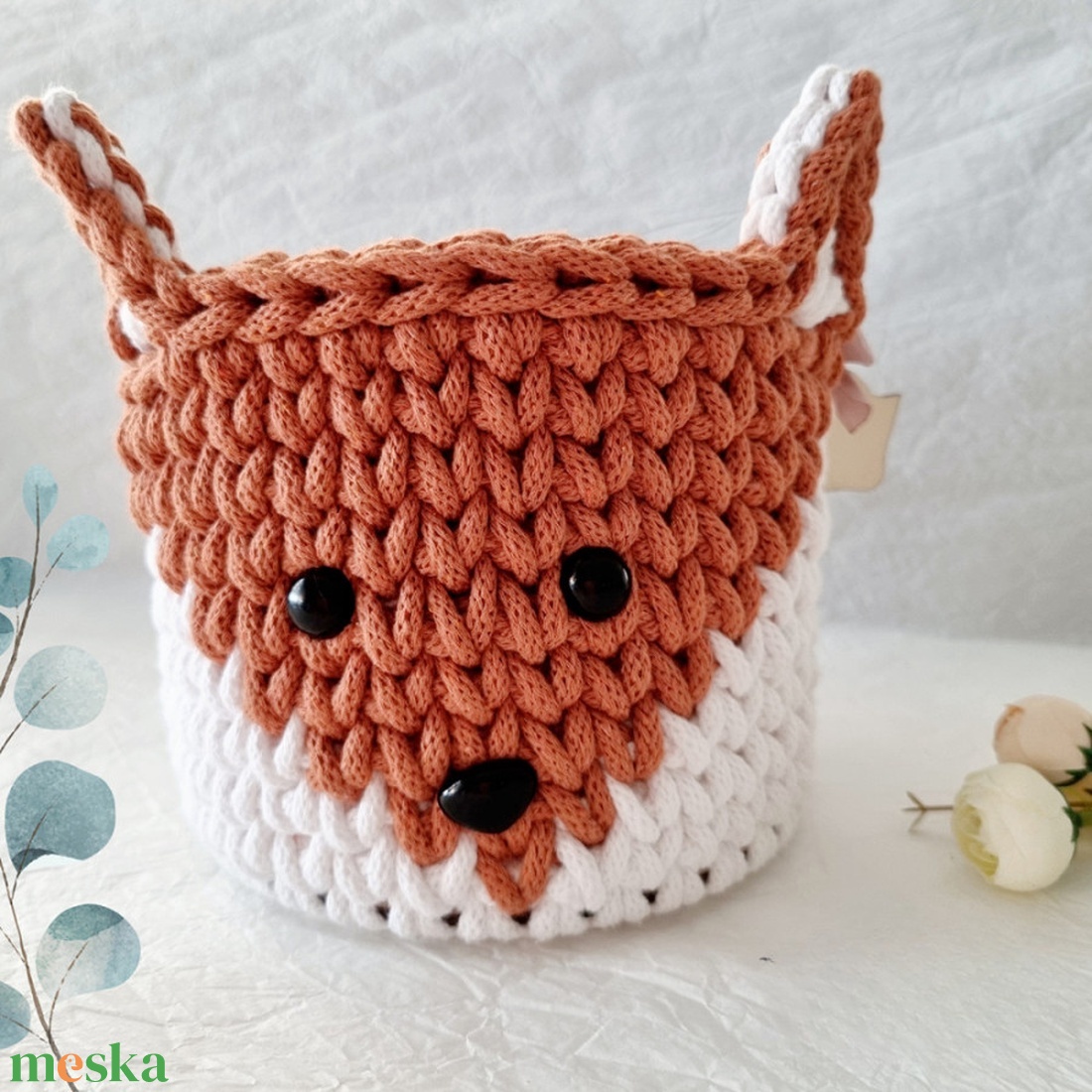 Horgolt róka tárolókosár egyedi felirattal. Ajándék gyerekeknek - baba - mama - babaszobabútor - játéktároló - Meska.hu