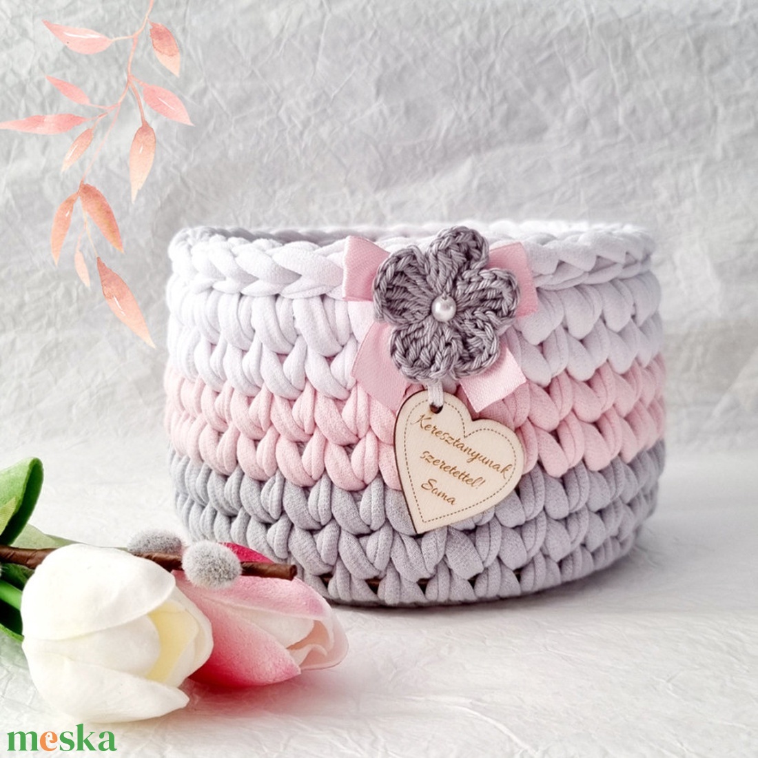 Horgolt tárolókosár egyedi felirattal. Ajándék anyák napjára - otthon & életmód - tárolás & rendszerezés - tárolókosár - Meska.hu