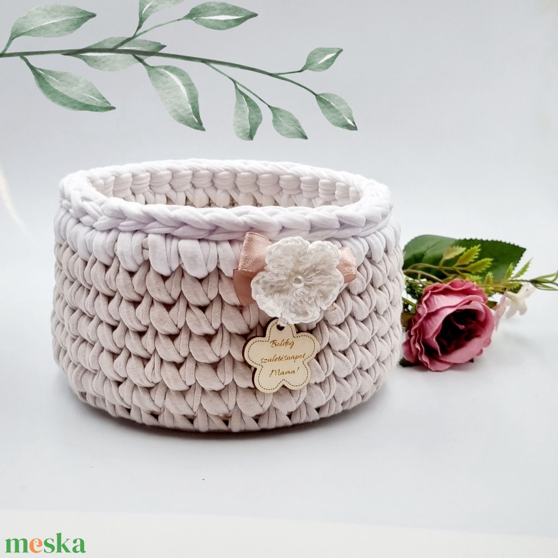 Horgolt tárolókosár egyedi felirattal. Ajándék anyák napjára - otthon & életmód - tárolás & rendszerezés - tárolókosár - Meska.hu