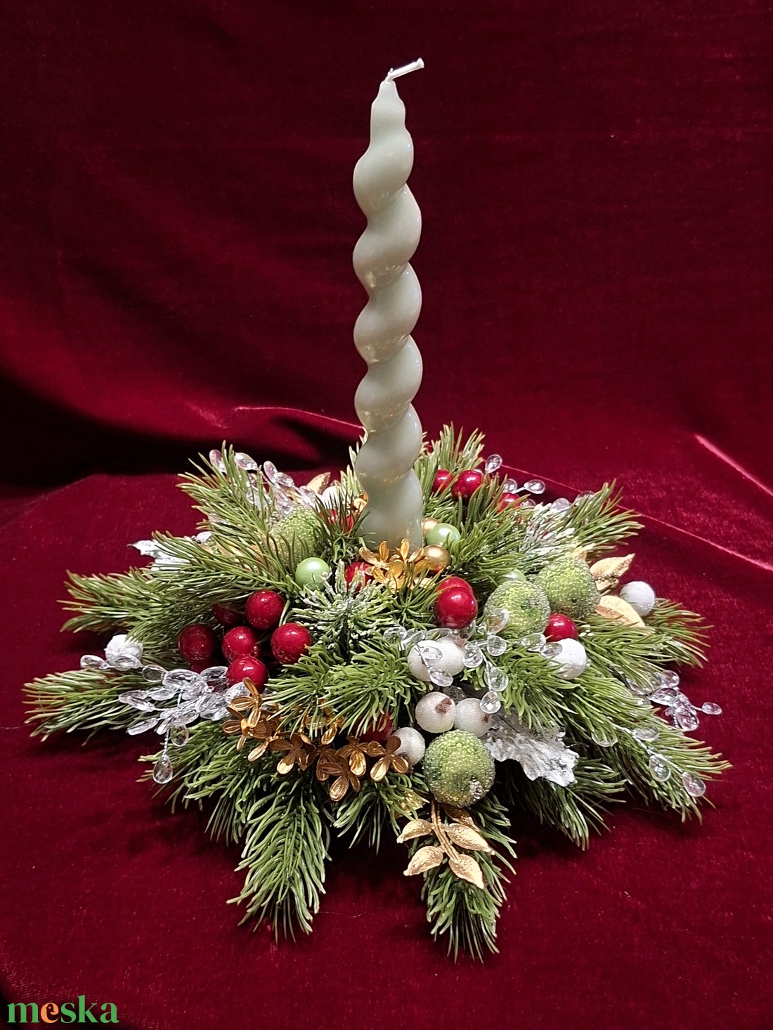 Gazdagon díszített karácsonyi asztali dekoráció 1 gyertyával - karácsony - karácsonyi lakásdekoráció - karácsonyi lakásdíszek - Meska.hu