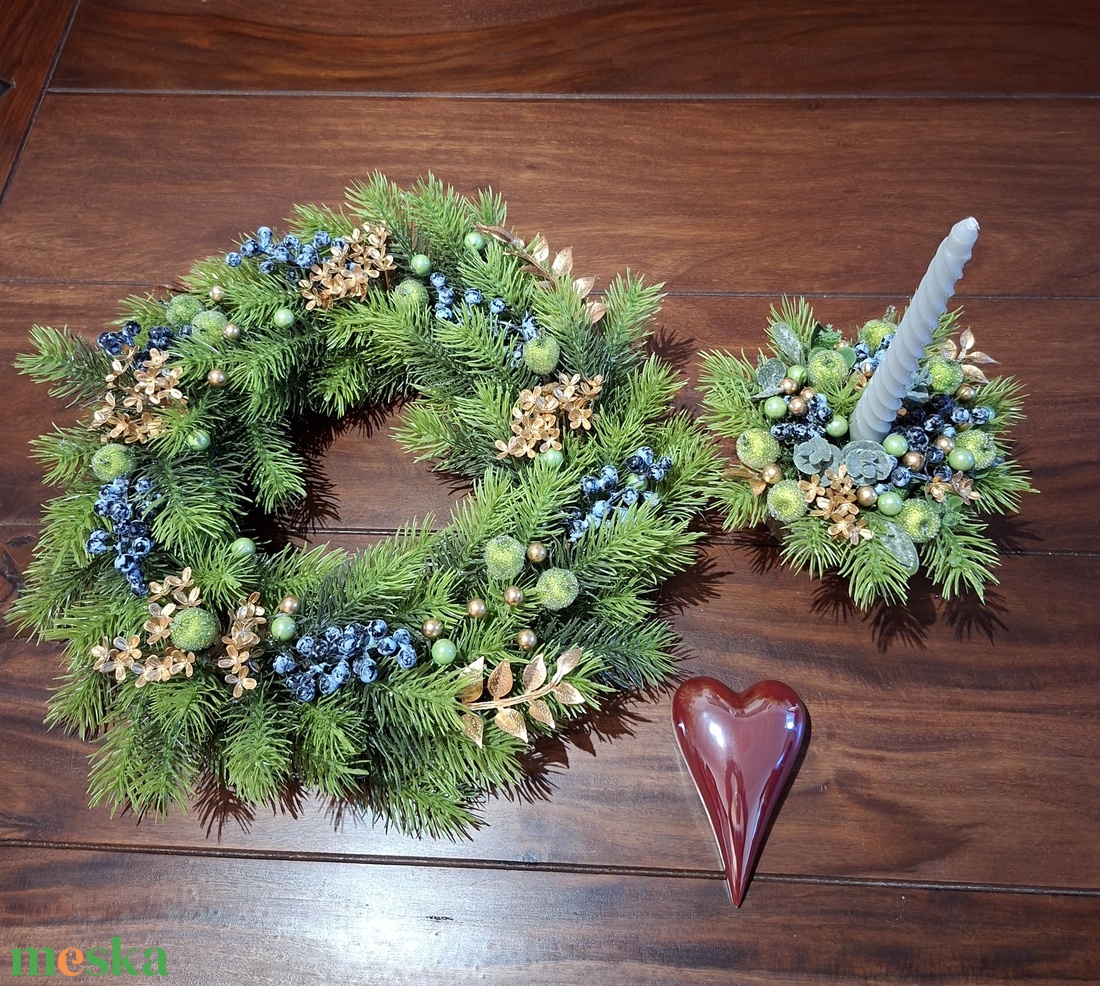 Karácsonyi kopogtató zöld, kék, arany színben - karácsony - adventi díszek - adventi ajtódísz - Meska.hu