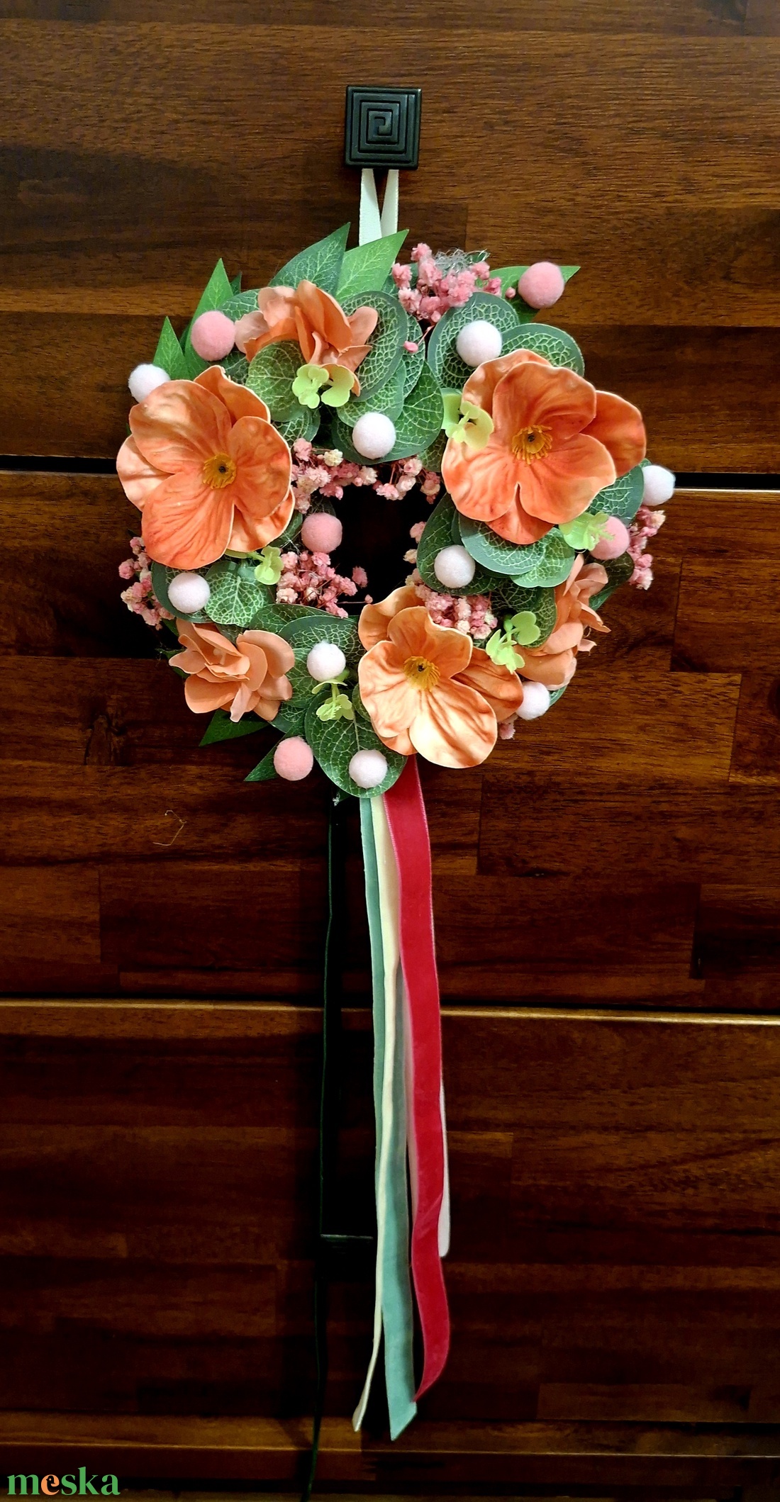 Kedves rózsaszín kopogtató bársonyszalagokkal - otthon & életmód - dekoráció - ajtó- és ablak dekoráció - ajtódísz & kopogtató - Meska.hu